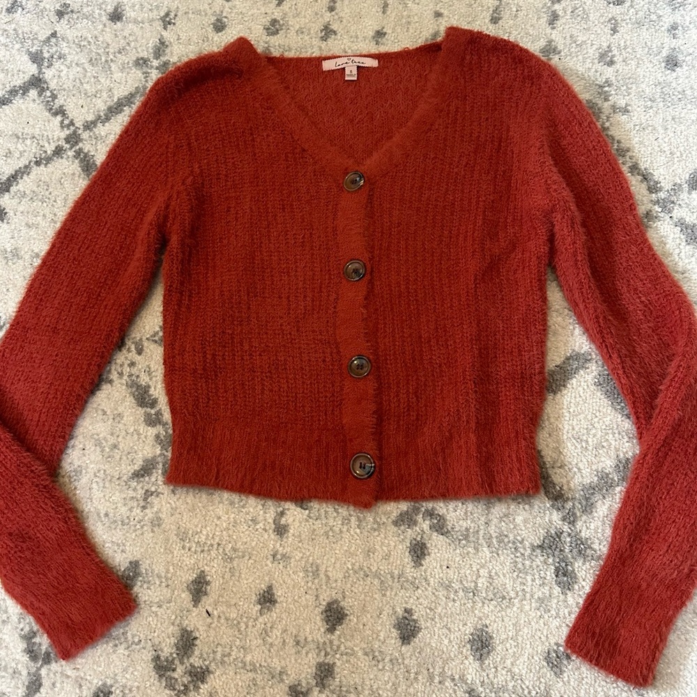 Very soft terecotta color cardigan sweater.  V neck with brown buttons. Size Sm